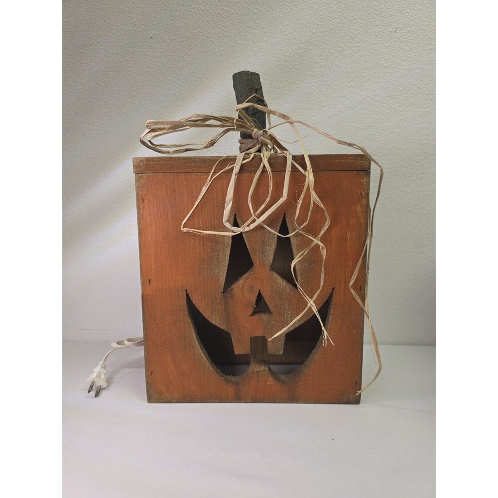 VTG Rustic Lighted Wooden Halloween Jack O Lantern Pumpkin Box Handmade Folk Art